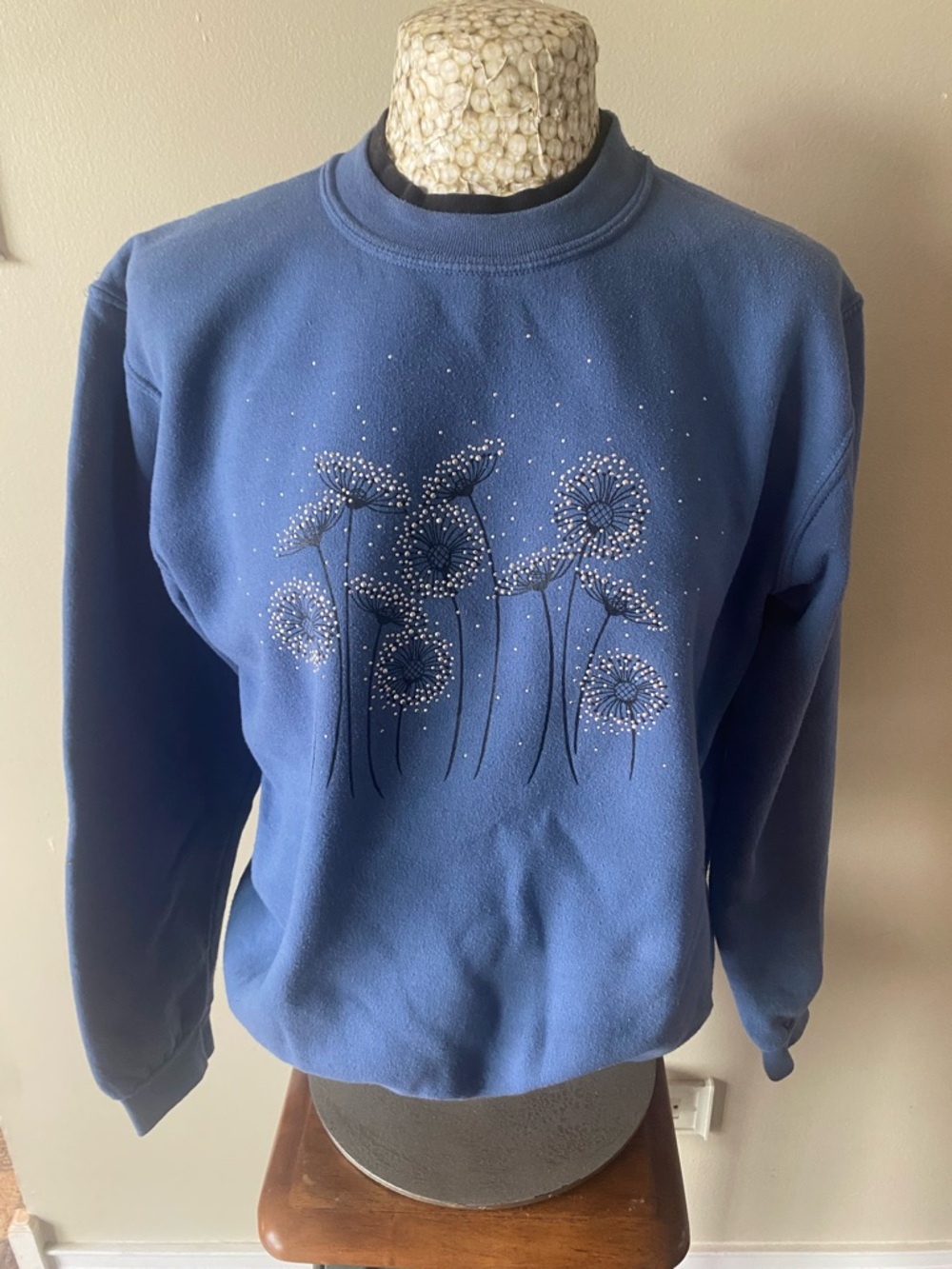 Blue Floral Rhinestone Crewneck Sweatshirt Granny Core